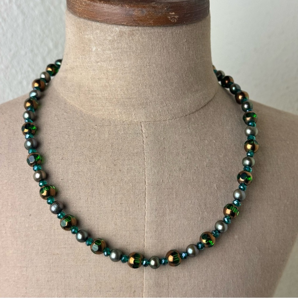 Green glass crystal freshwater Pearl handmade bead necklace